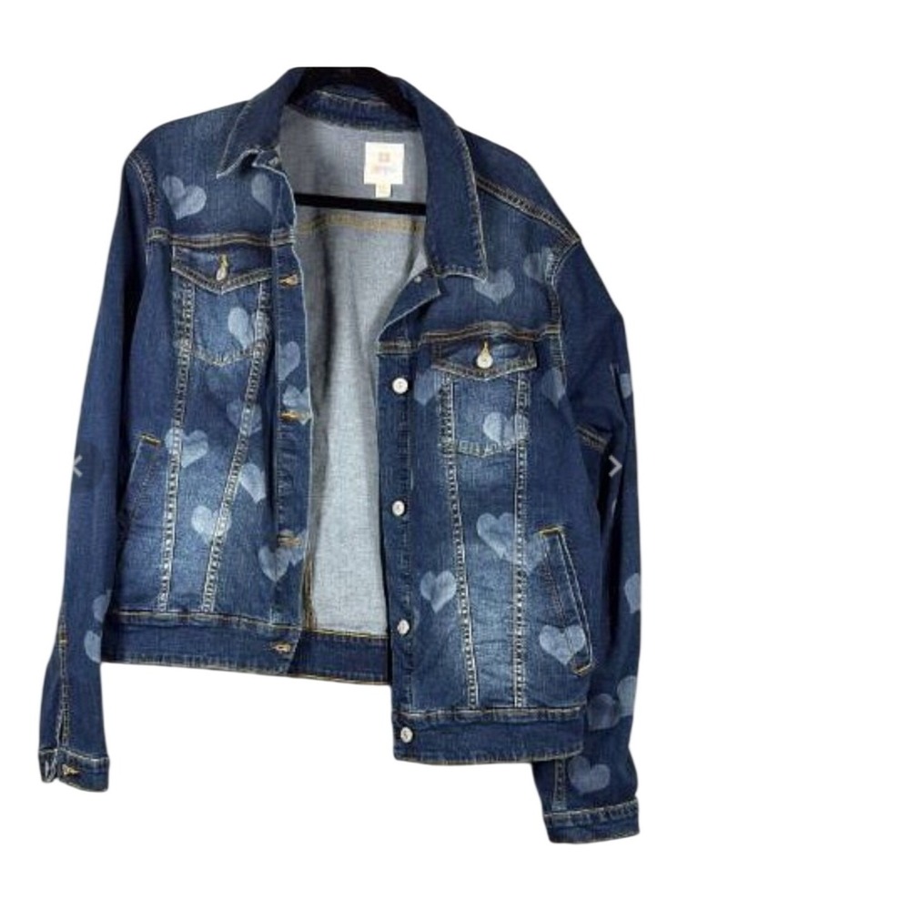 LuLaRoe Denim Jacket Womens 3XL Blue Heart Print Button Front Trucker Wash